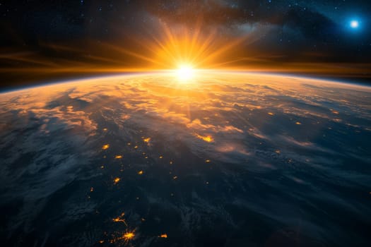 sun shining behind the earth from space. Generative AI.