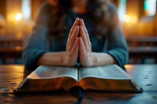 hands are folded in prayer on a Holy Bible .Holy Bible study reading together in Sunday . Generative AI.