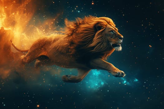 Lion leaps in the vast starry sky, with dynamic composition, starry background, AI Generative.