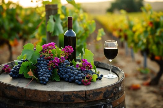 red Wine glasses, vineyard landscape and grapes in nature. Generative ai.