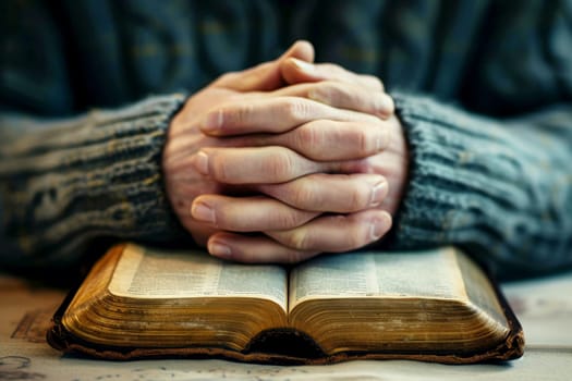 hands are folded in prayer on a Holy Bible .Holy Bible study reading together in Sunday . Generative AI.