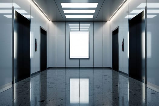 A modern elevator with Blank white billboard. Office or modern hotel hallway, empty lobby interior. Generative AI.