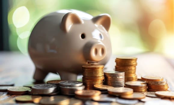 piggy bank money coins saving, financial investment and budget concept, . generative ai.