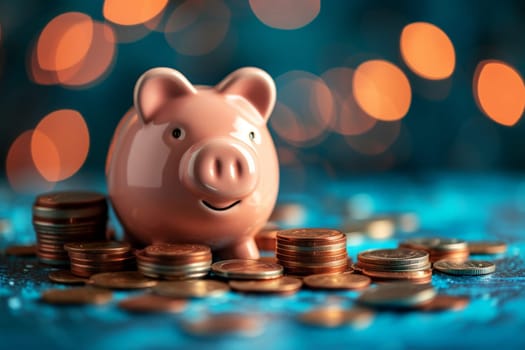 piggy bank money coins saving in futuristic background , financial investment and budget concept, . generative ai.