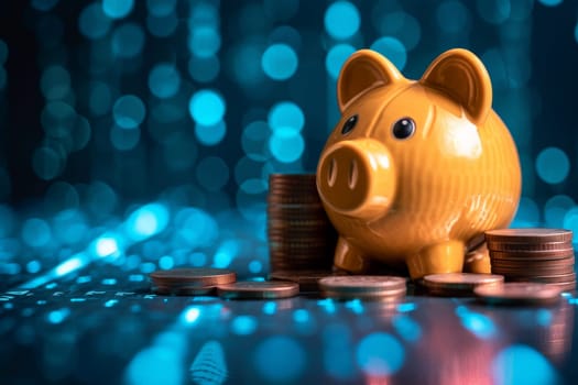 piggy bank money coins saving in futuristic background , financial investment and budget concept, . generative ai.