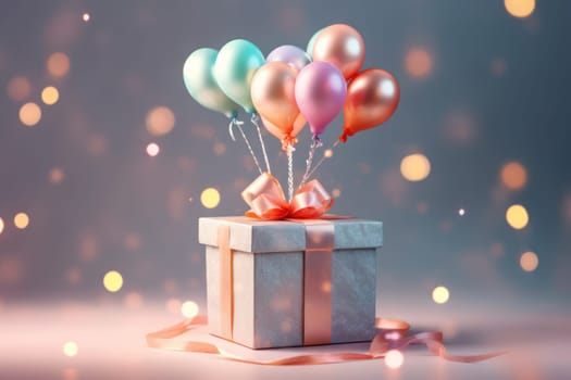 Gift box colorful balloons and ribbon floating pastel background illustration Generative AI.