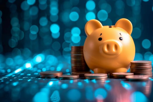 piggy bank money coins saving in futuristic background , financial investment and budget concept, . generative ai.