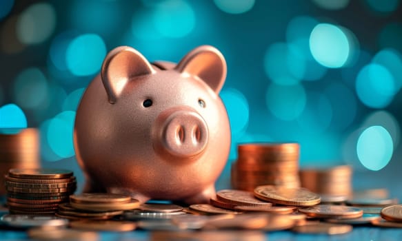 piggy bank money coins saving in futuristic background , financial investment and budget concept, . generative ai.