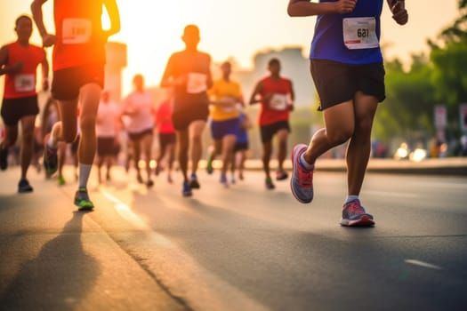 Marathon running in the light of morning or evening on city road detail Generative AI.