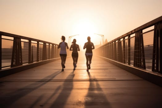 Group running in the light of morning or evening on city road detail.