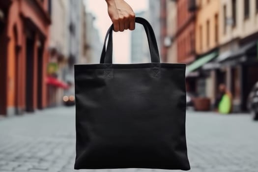 Hand holding black cotton tote bag mockup on a wall background.