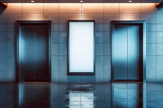 A modern elevator with Blank white billboard. Office or modern hotel hallway, empty lobby interior. Generative AI.