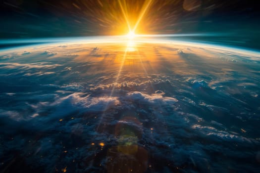 sun shining behind the earth from space. Generative AI.
