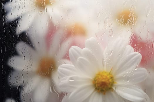 Background of blooming flowers in front of glass with water drops Stock Photo.