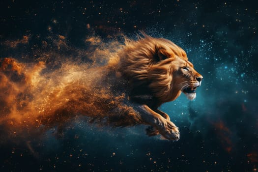 Lion leaps in the vast starry sky, with dynamic composition, starry background, AI Generative.