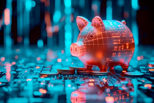 piggy bank money coins saving in futuristic background , financial investment and budget concept, . generative ai.