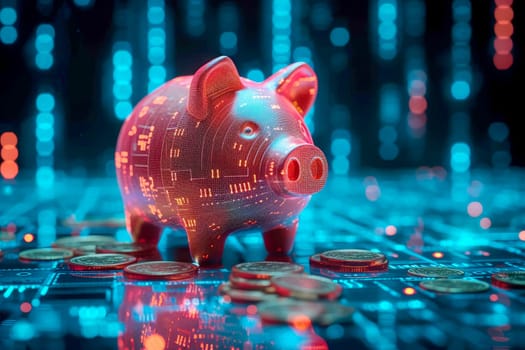 piggy bank money coins saving in futuristic background , financial investment and budget concept, . generative ai.
