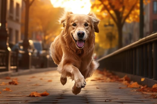 Unrecognizable a Dog run fast in city park autumn.