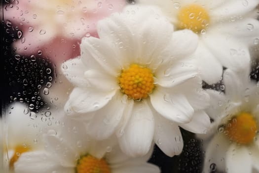 Background of blooming flowers in front of glass with water drops Stock Photo.