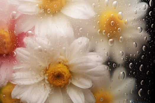 Background of blooming flowers in front of glass with water drops Stock Photo.