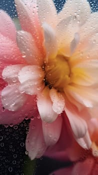 Background of blooming flowers in front of glass with water drops Stock Photo.