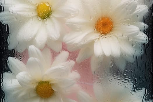 Background of blooming flowers in front of glass with water drops Stock Photo.