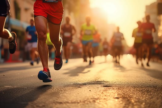 Marathon running in the light of morning or evening on city road detail Generative AI.