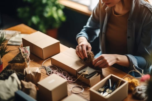 Online shopping young start small business in a cardboard box at work Generative AI.