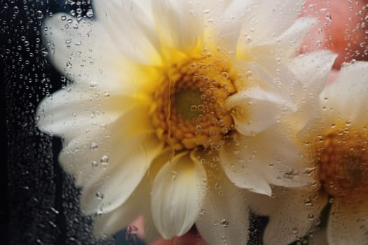 Background of blooming flowers in front of glass with water drops Stock Photo.