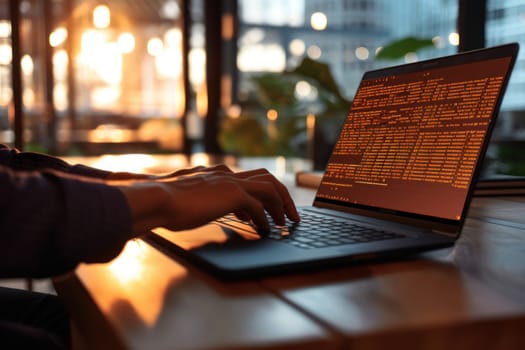 Close up of Computer programmer working on laptop.