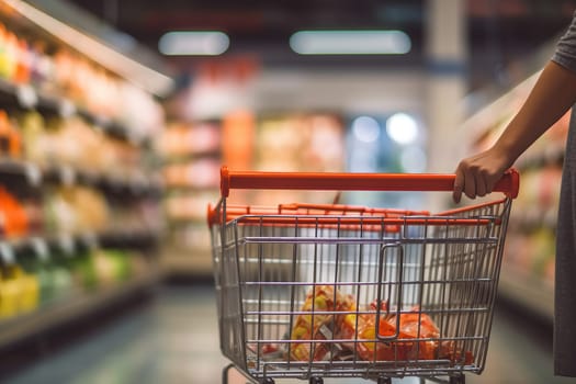 Woman hand hold shopping cart with blur supermarket fresh product shelves background.