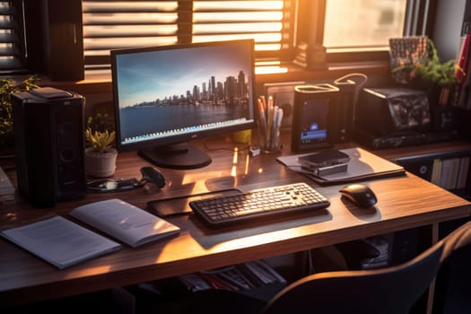 A designer's desk with a laptop designer's working table.