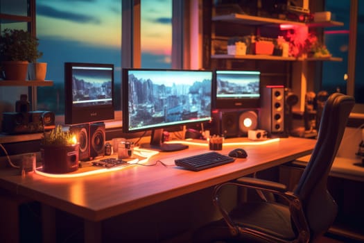 A designer's desk with a laptop designer's working table.