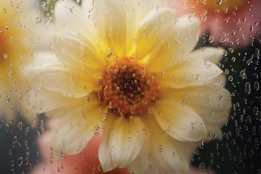 Background of blooming flowers in front of glass with water drops Stock Photo.