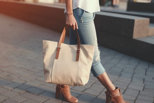 Model hold blank white fabric mockup bag for save environment on street fashion.