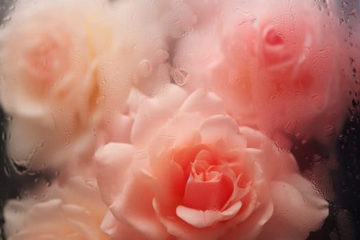 Background of blooming flowers in front of glass with water drops Stock Photo.