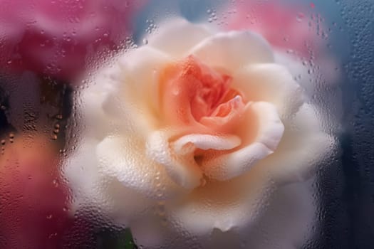 Background of blooming flowers in front of glass with water drops Stock Photo.