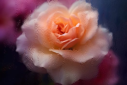 Background of blooming flowers in front of glass with water drops Stock Photo.