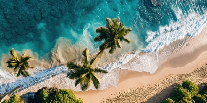 A breathtaking aerial view of a pristine tropical beach lined with palm trees, clear blue waters, and gentle waves.