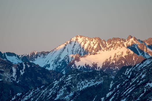 Mountains in the Pyrenees from the Grandvalira ski resort in Andorra.