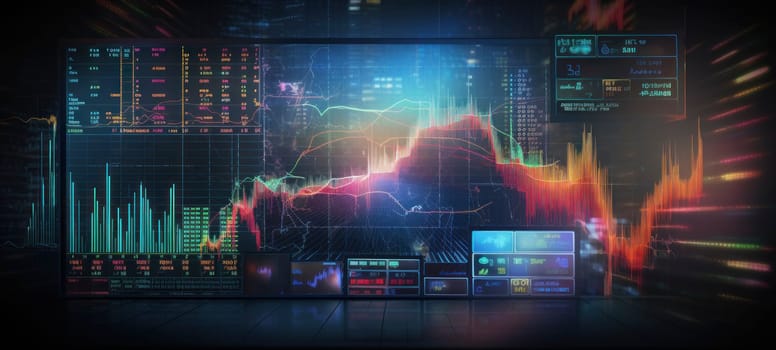 A high-tech financial data analysis interface with dynamic graphs and holographic projections, representing advanced analytics.