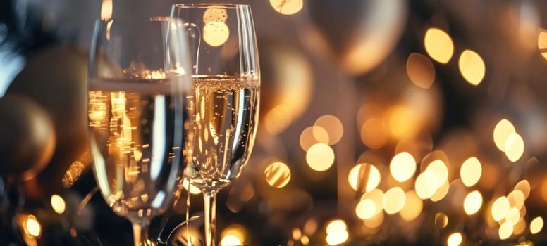 Elegant champagne glasses with sparkling wine, illuminated by warm golden bokeh lights, suggesting celebration and luxury.