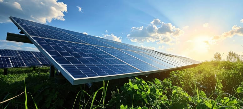 Row of solar panels stands in a lush green field under a blue sky, harnessing renewable energy from the sun.