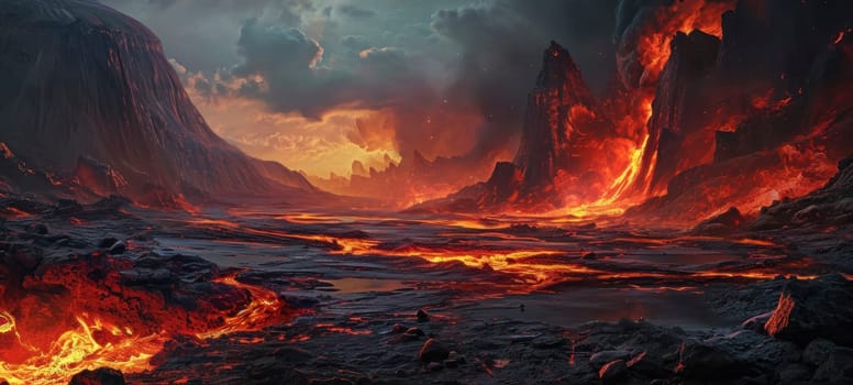 A panoramic view of a volcanic eruption creating rivers of lava flowing into a hellish landscape, with a backdrop of darkened skies.