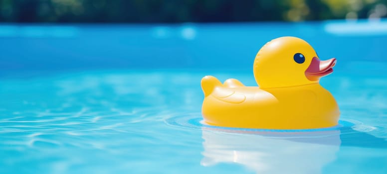 A single yellow rubber duck cheerfully floats on calm blue pool water, evoking leisure and fun.