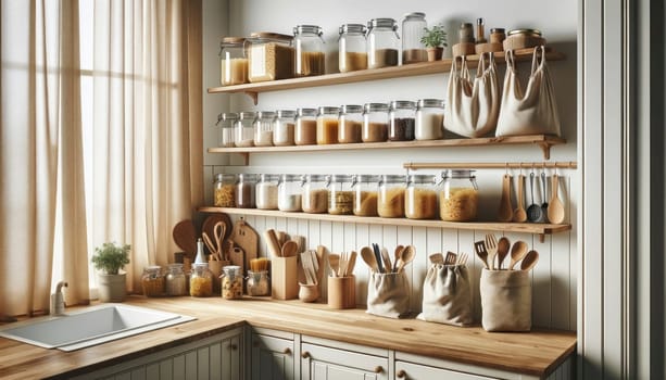 A neatly arranged pantry with labeled jars, wooden utensils, and fabric bags in a modern kitchen setting.