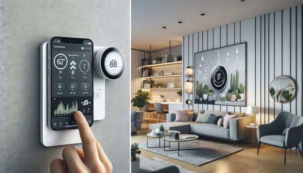 A person interacts with a smart home technology interface on their smartphone and wall-mounted devices in a modern living room.