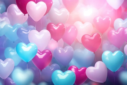 Multicolored heart-shaped balloons with a luminous bokeh effect.