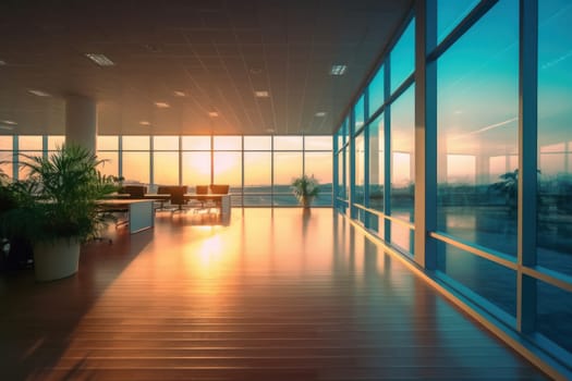 Beautiful blurred background of a light modern office interior with panoramic windows.