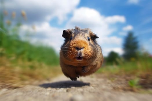 An energetic guinea pig running towards the camera on a sunny day, showcasing movement and vitality.